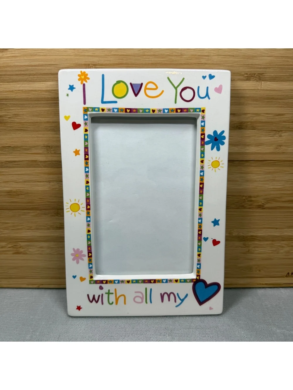 VTG 1990s I Love You Ceramic Picture Frame Colorful Crayon Font Hearts Suns